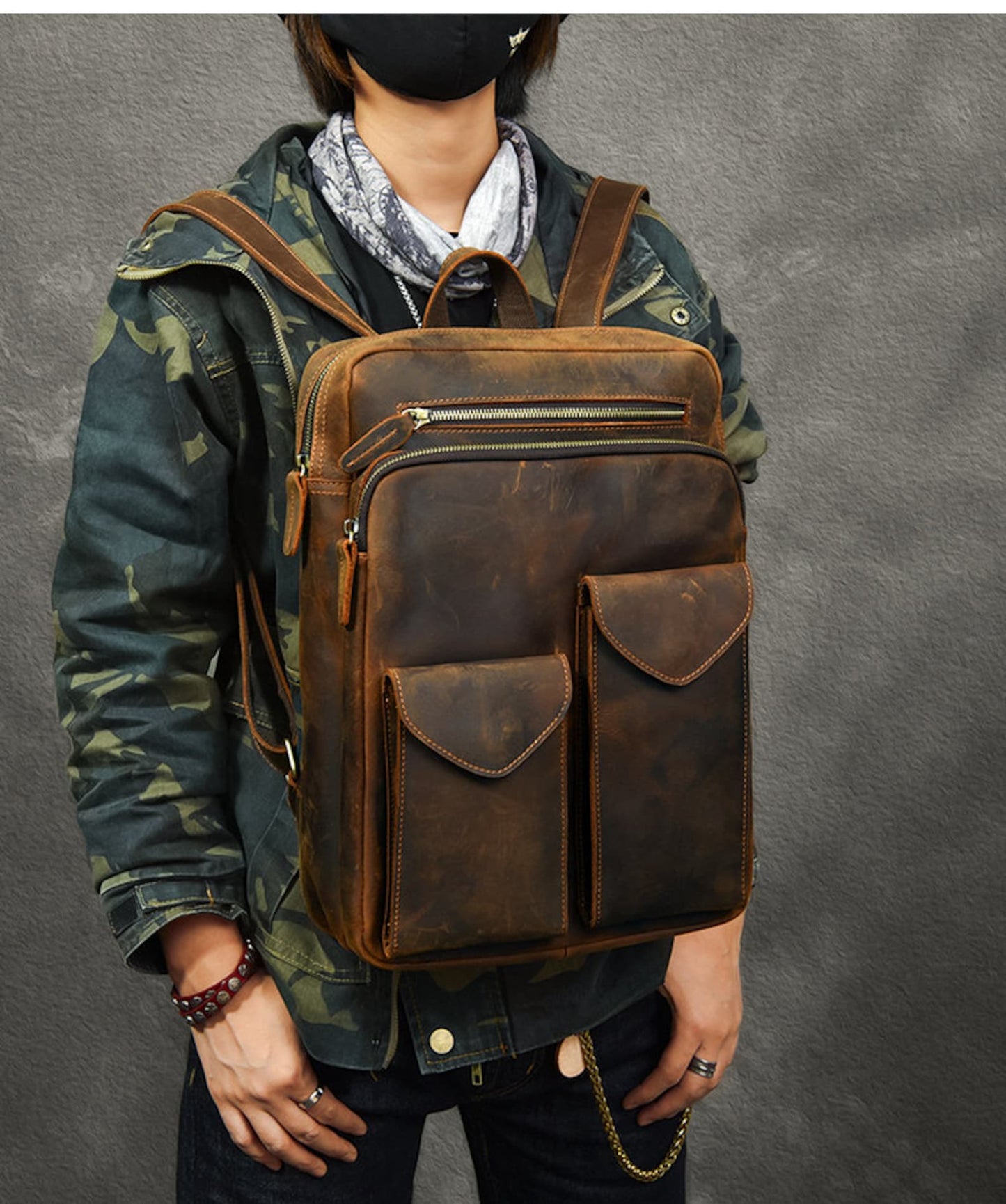 dark brown leather backpack