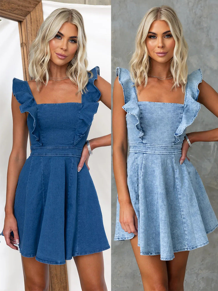 Women Denim Mini Dress Ruffle Sleeveless Blue Jean Dress