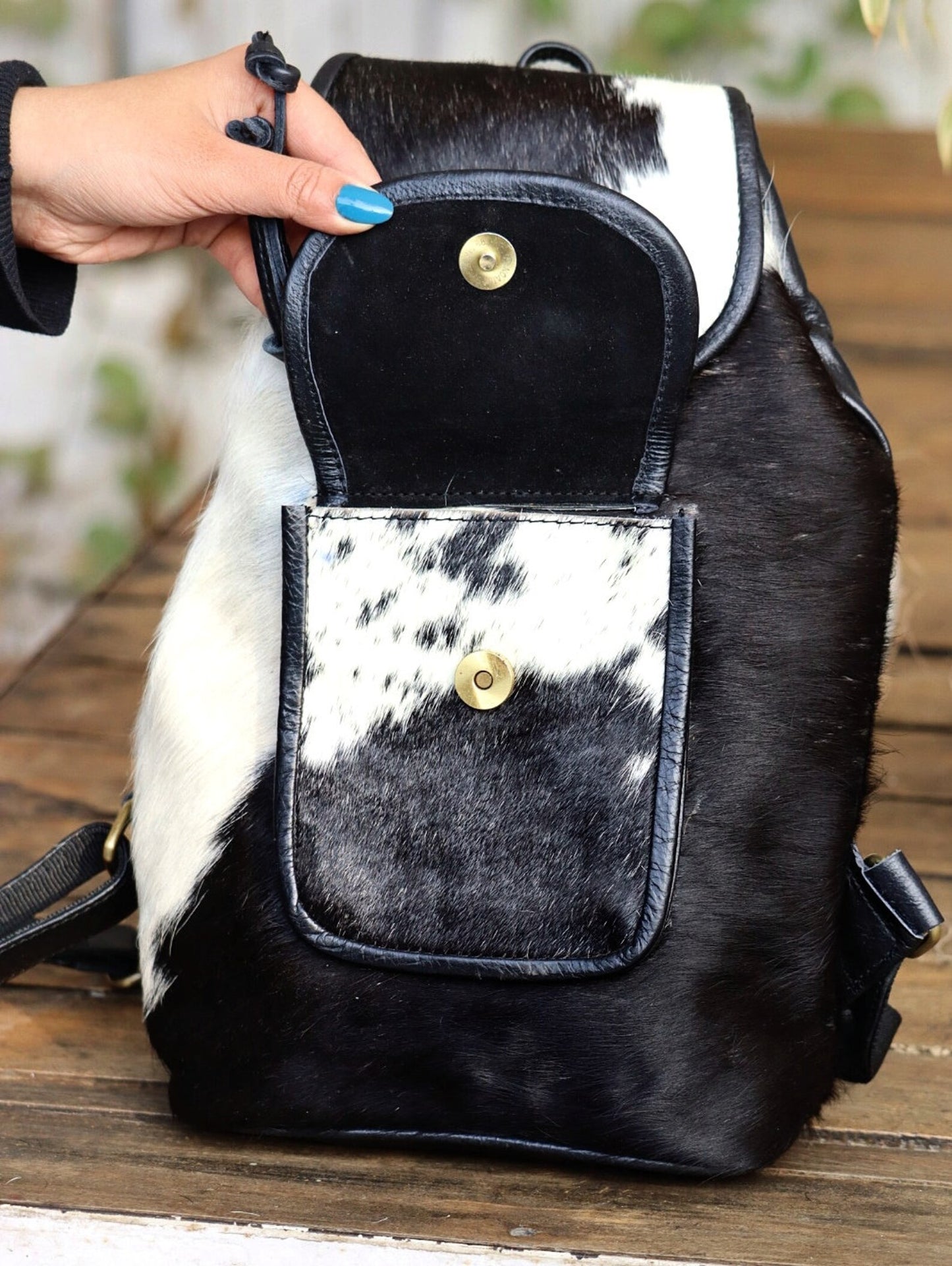 Cowhide Backpack Purse Black White