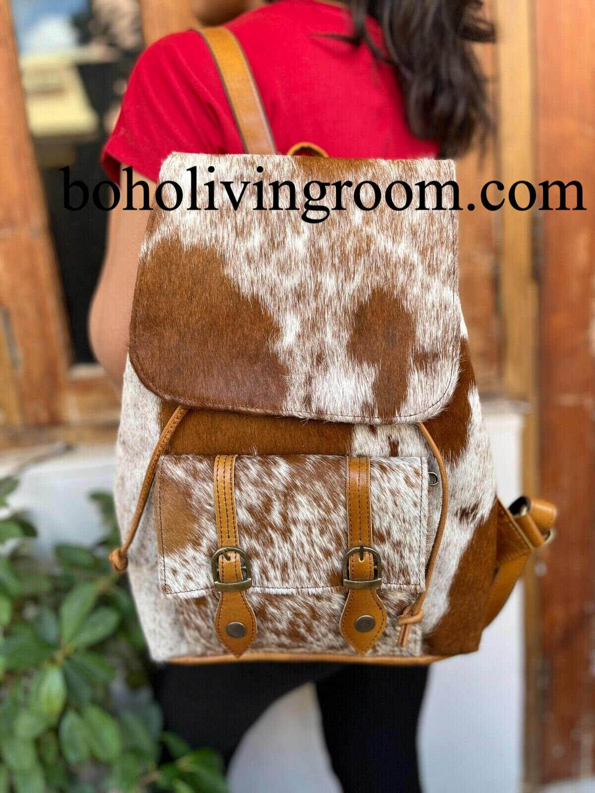 Real Cowhide Leather Backpack Brown White