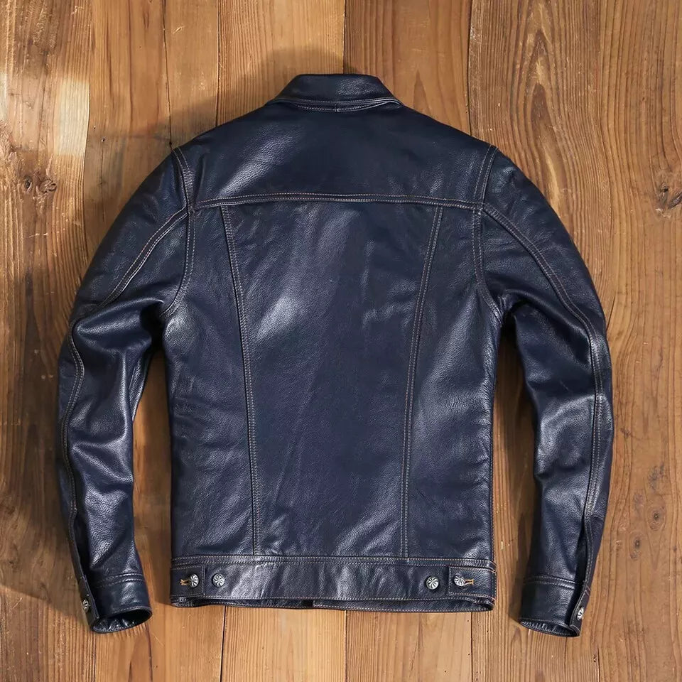 mens leather trucker jacket blue