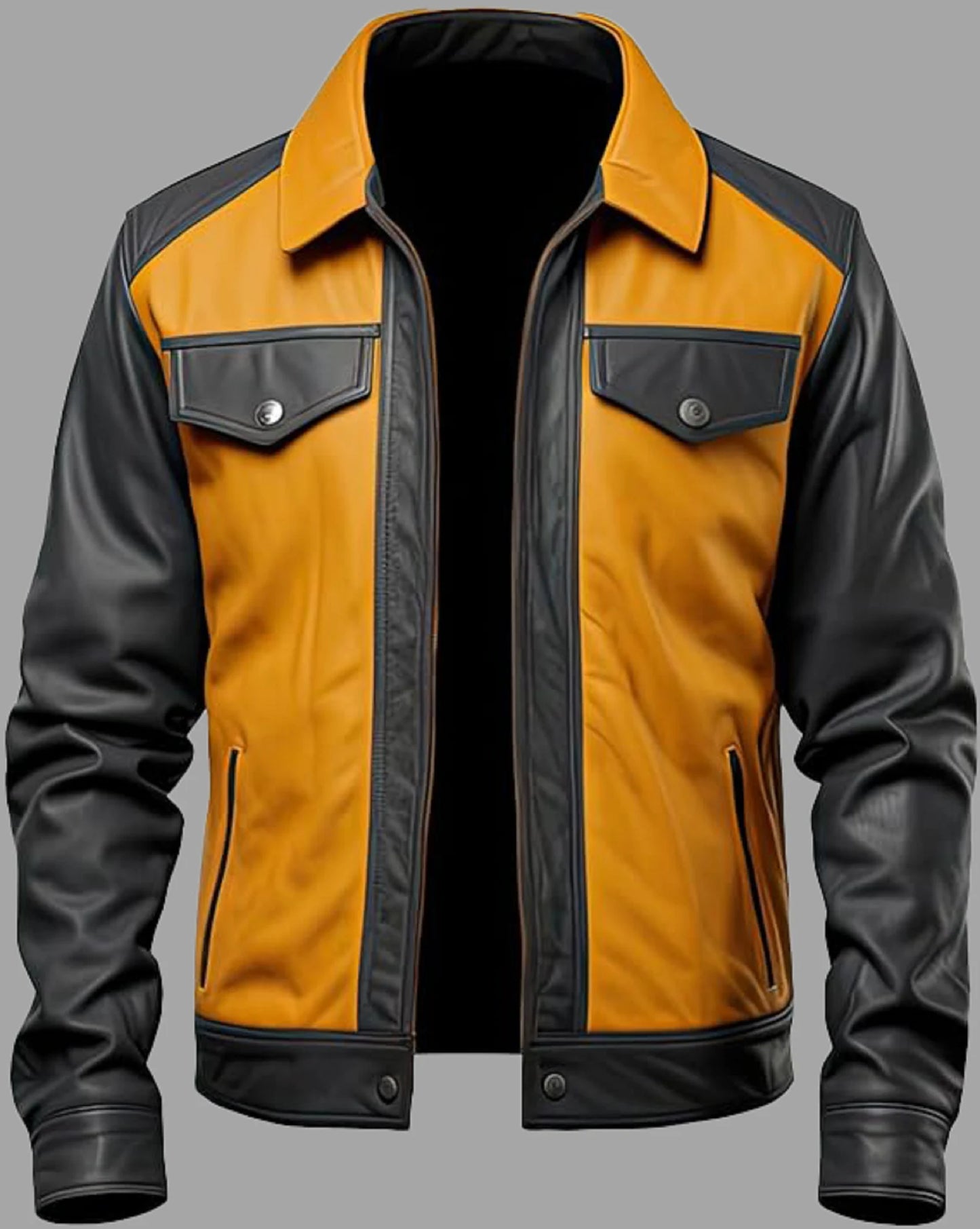 Men's Black and Yellow Genuine Leather Jacket