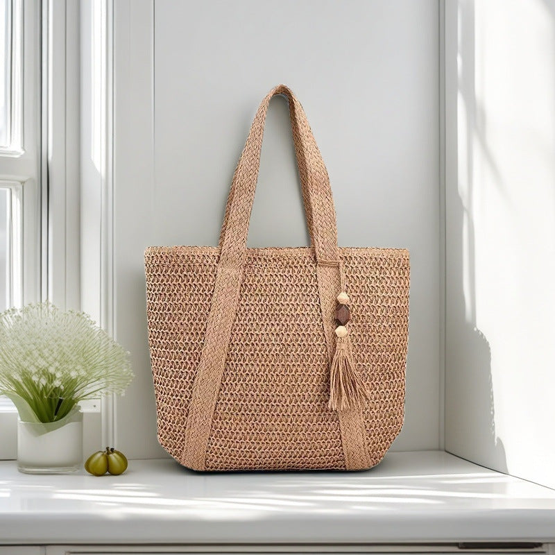 Beach Straw Tote Handbag for Women with Tassel Charm