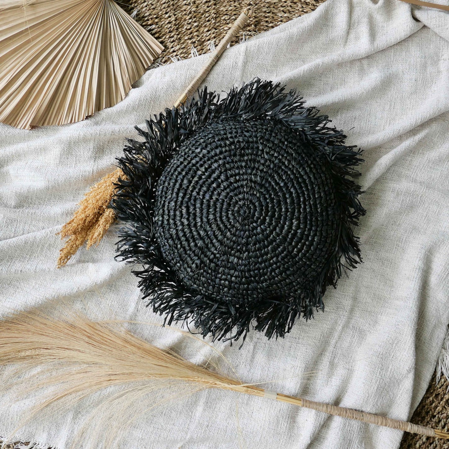 Handmade Seagrass Raffia Jute Black Pillow Case