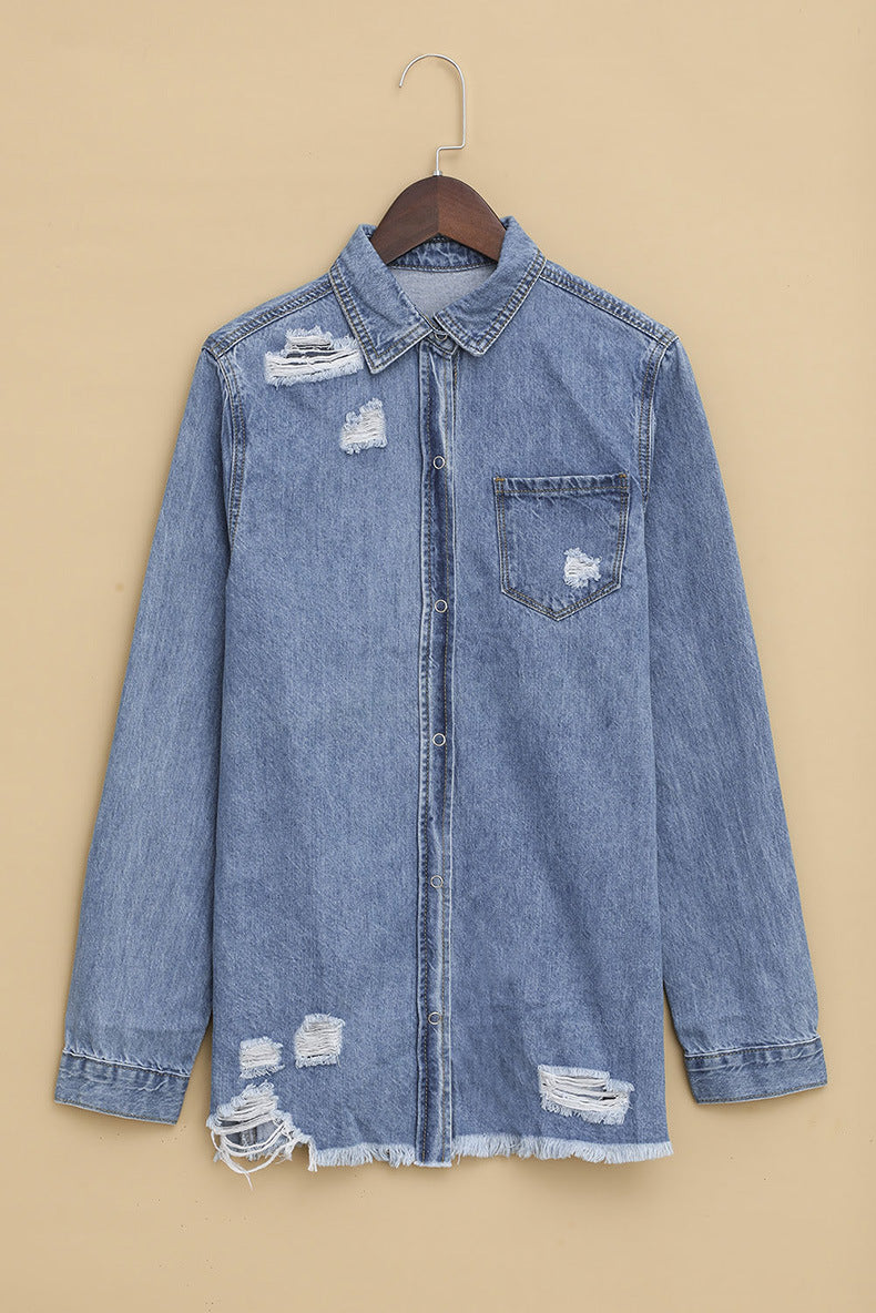 Oversized Distressed Denim Jacket Mid-Length