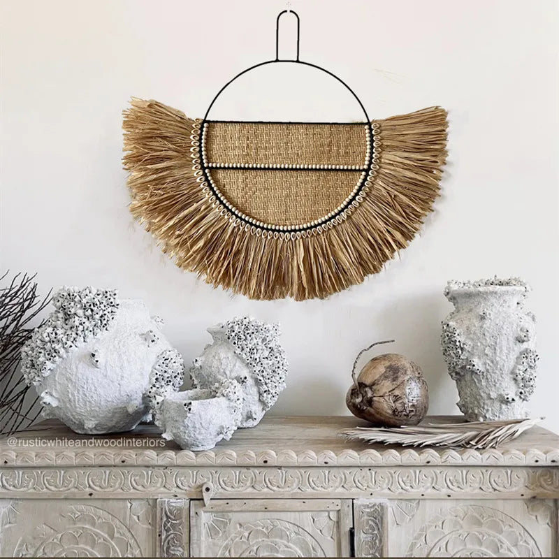 Raffia Wall Hanging Natural Grass Round Woven Tapestry