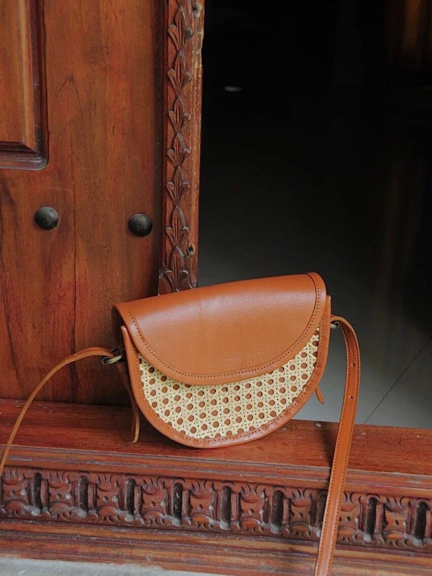 Genuine Leather Rattan Crossbody Bag