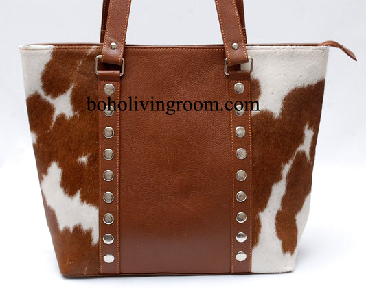 Brown white cowhide leather tote bag