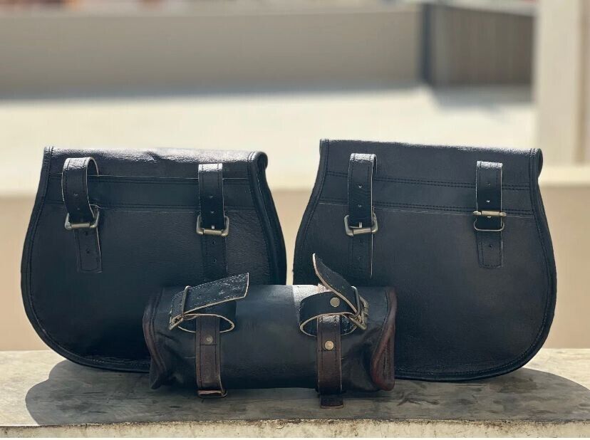 Black Leather Motorcycle Storage Panniers