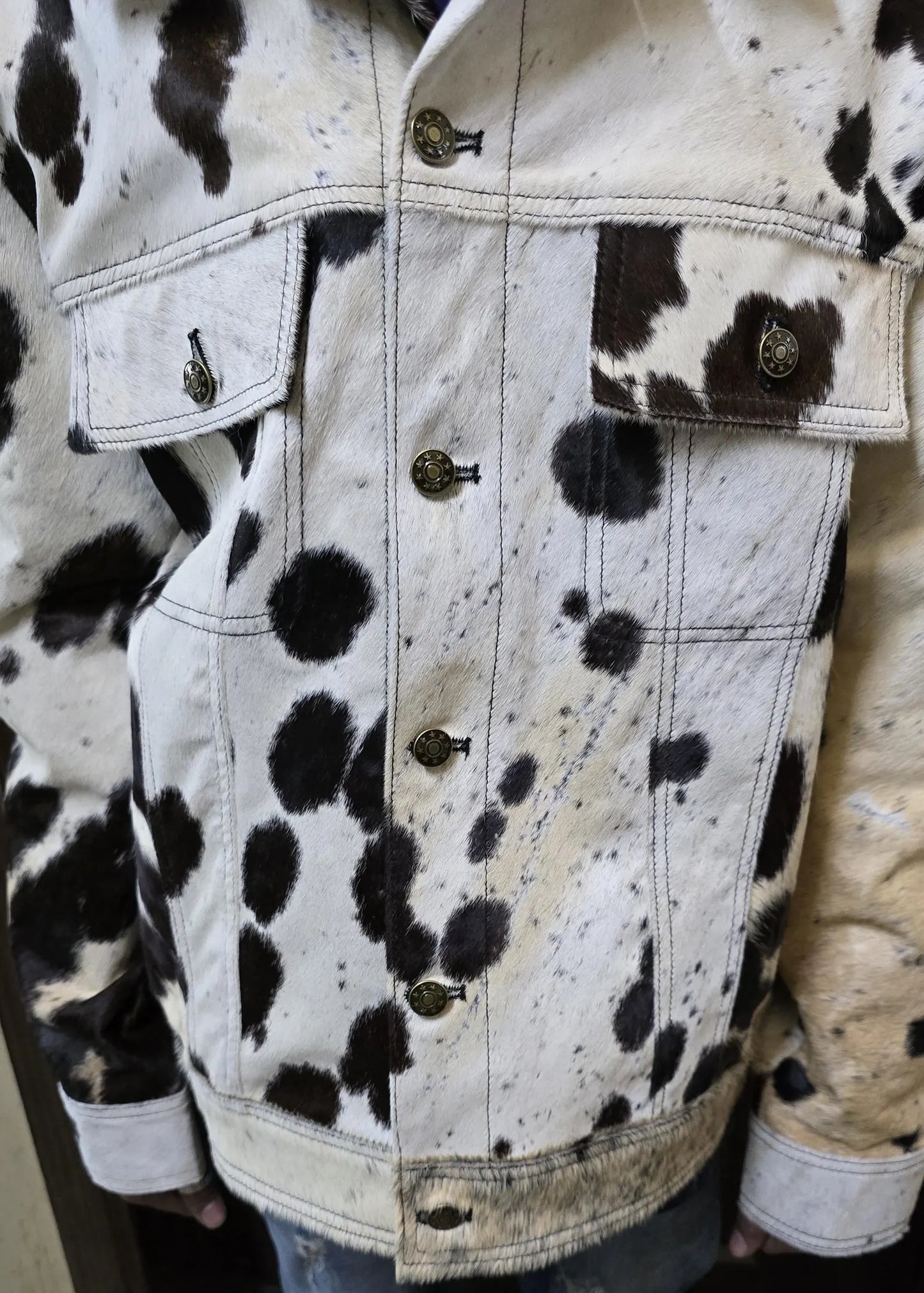 Men's Black White Cowhide Jacket Real Cow Fur Western Print Coat