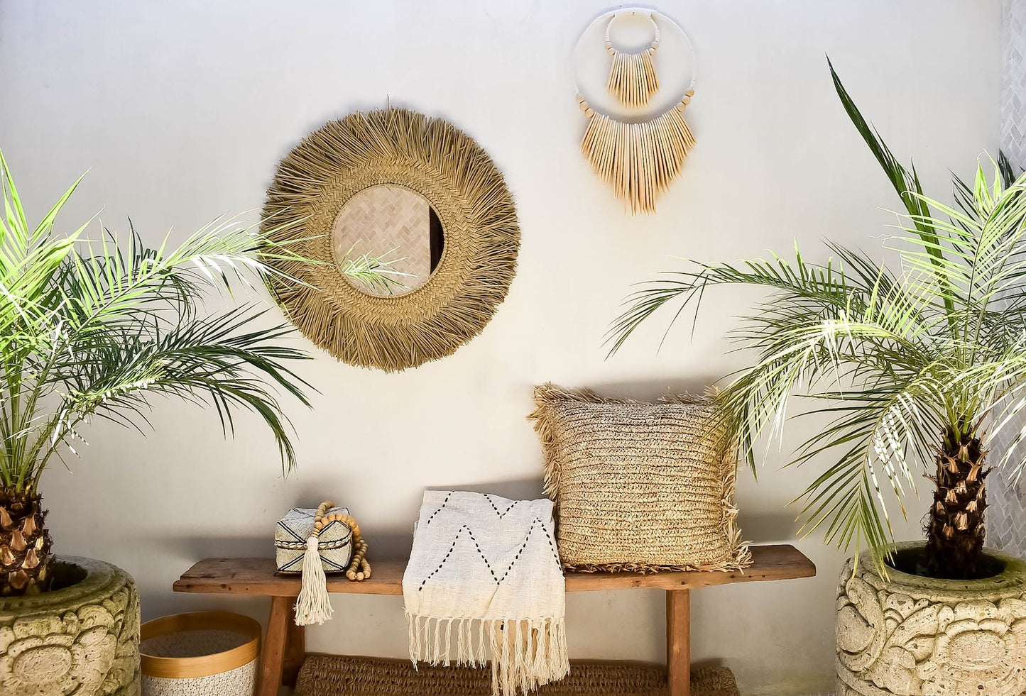 Woven natural seagrass raffia wall mirror