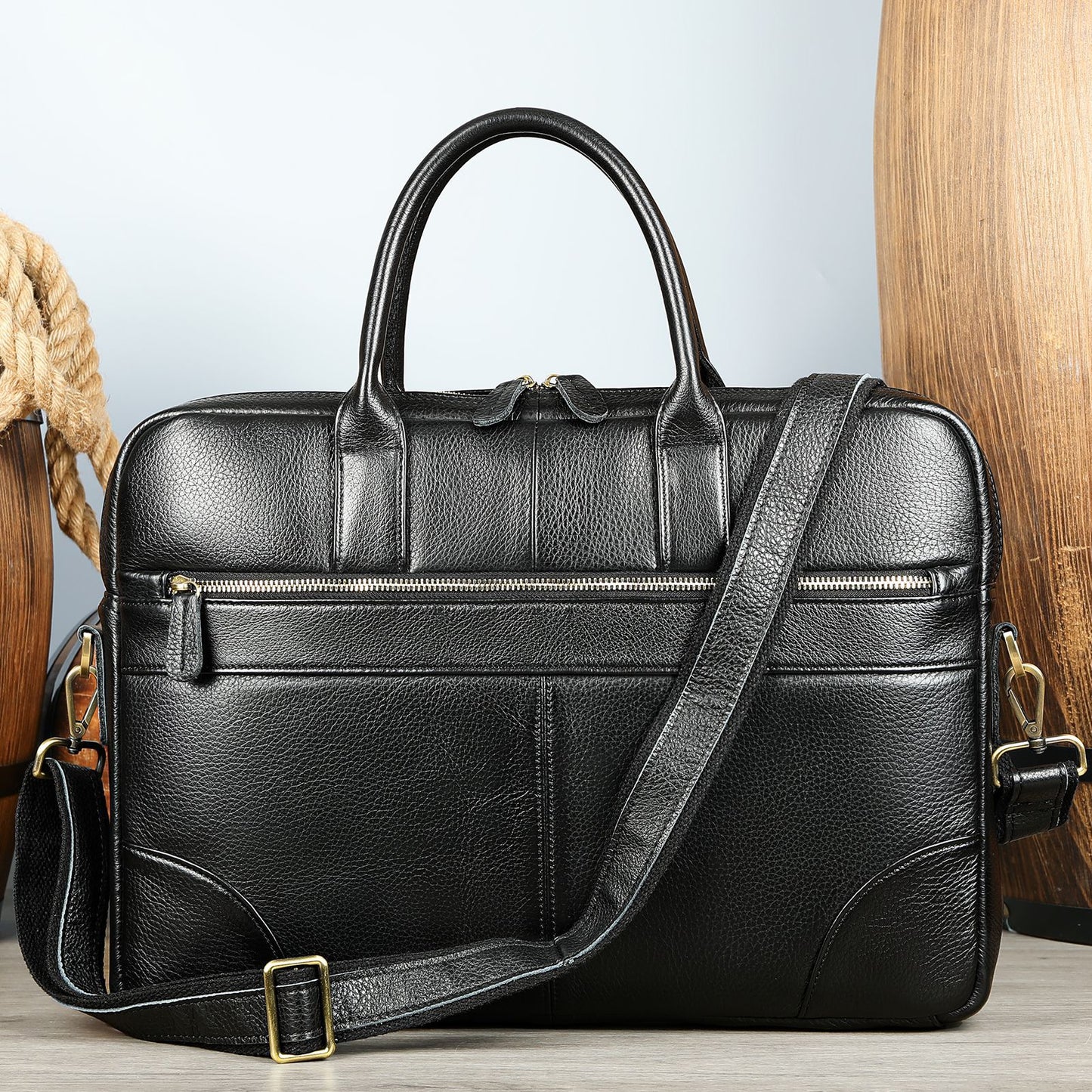 Genuine Leather Briefcase Bag with Trolley Sleeve