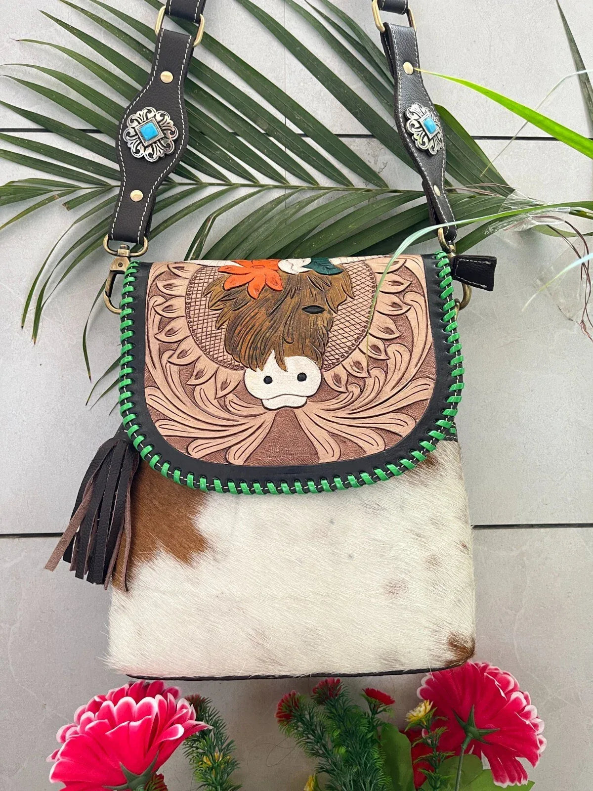 tooled leather cowhide crossbody bag