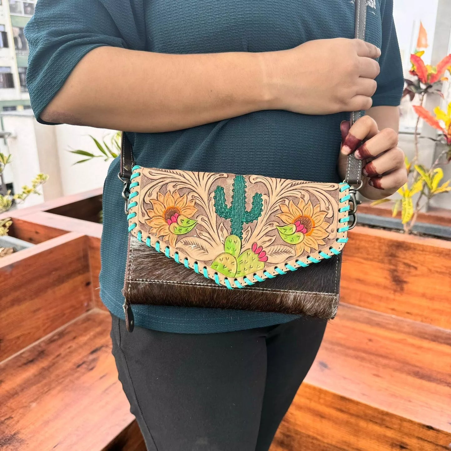 Western Hair On Wallet Tooled Leather Crossbody Sling Bag