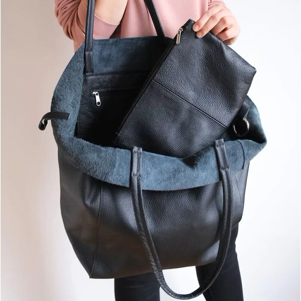 Large Real Leather Black Tote Bag
