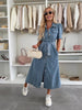 Women’s Short Sleeve Button Down Denim Midi Dress with Waist Tie