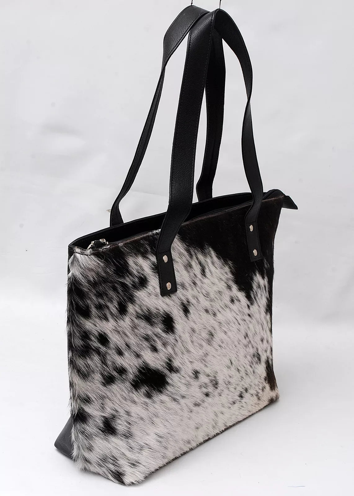 Large Cowhide Tote Handbag Black White