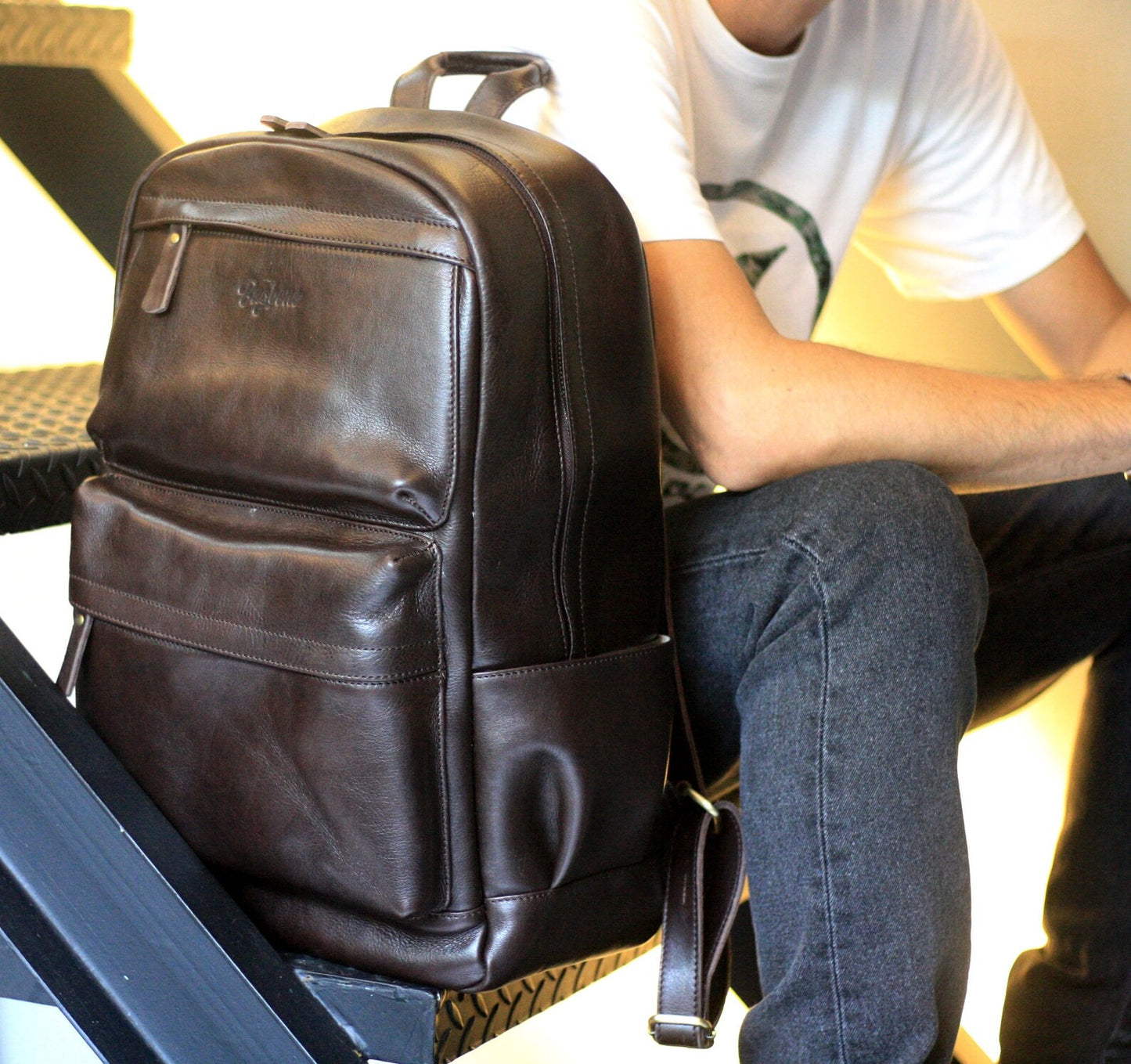 Dark Brown Leather Rucksack Unisex Laptop Backpack