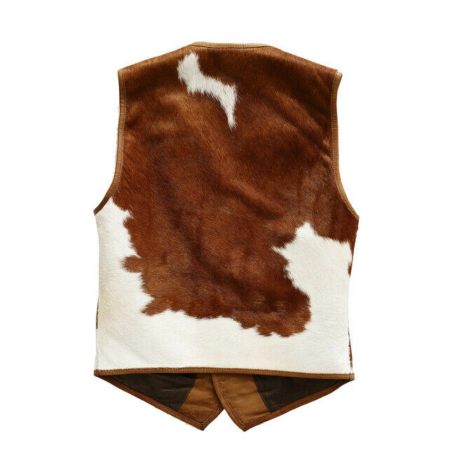 Real hair-on cowhide vest for men in brown and white pattern. Western cowboy waistcoat with unique natural hide, sturdy stitching, and comfortable inner lining.