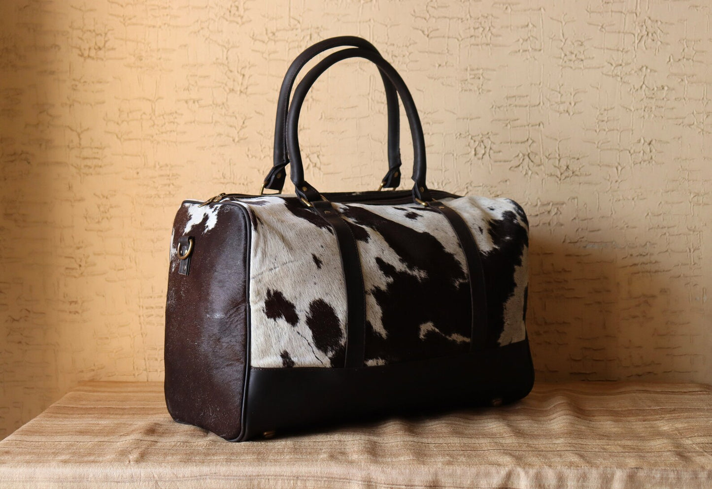 Overnight Cowhide Duffle Bag Black White