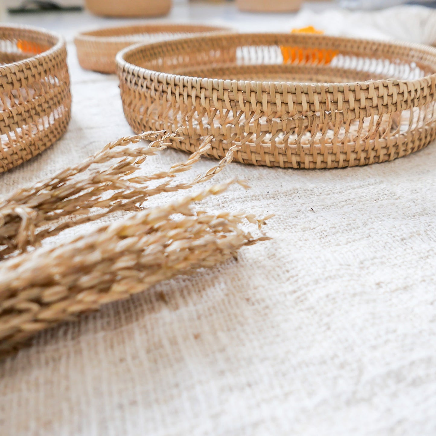 Three Round Rattan Tray Wicker Storage