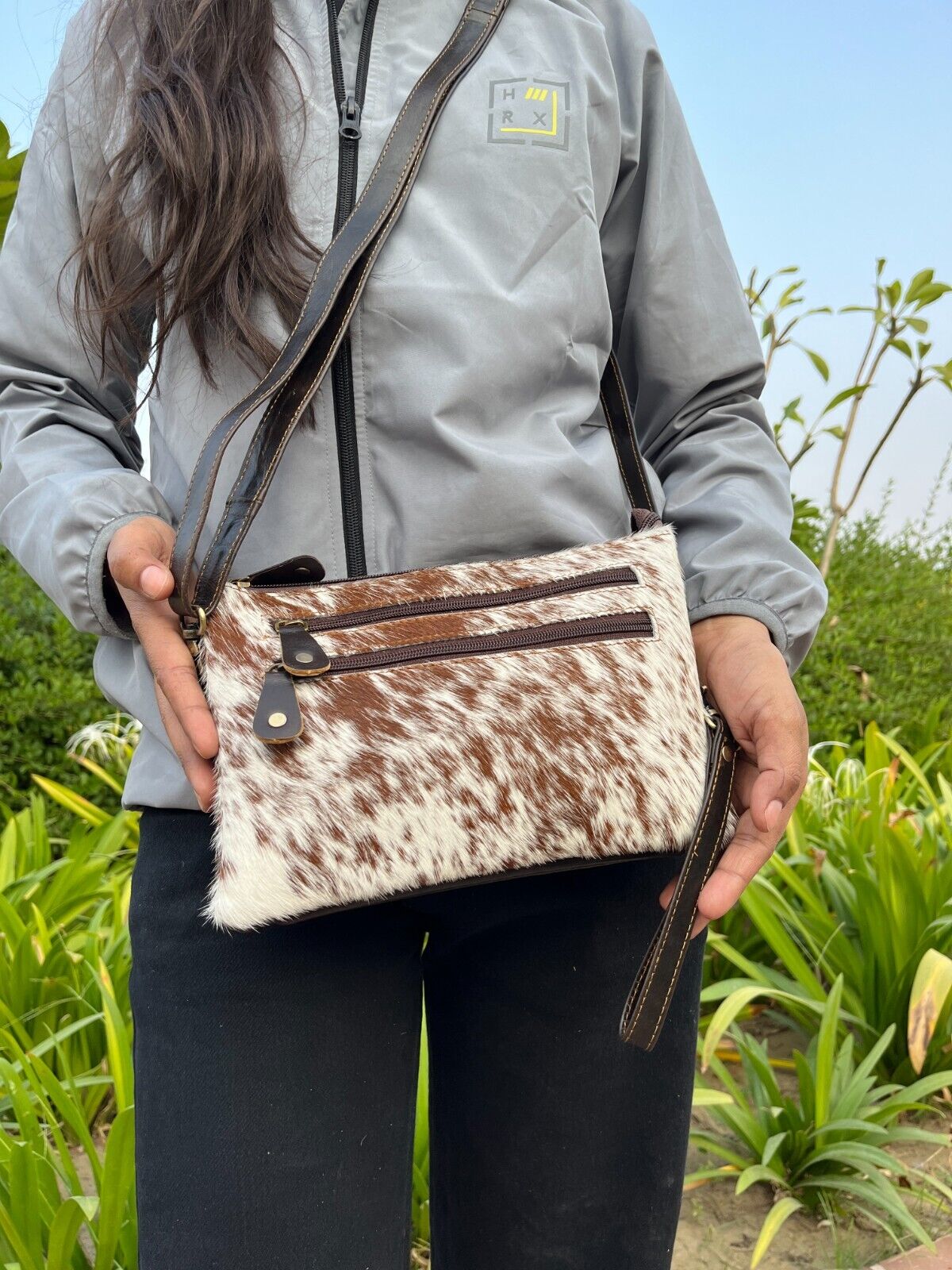 women cowhide crossbody bag brown white