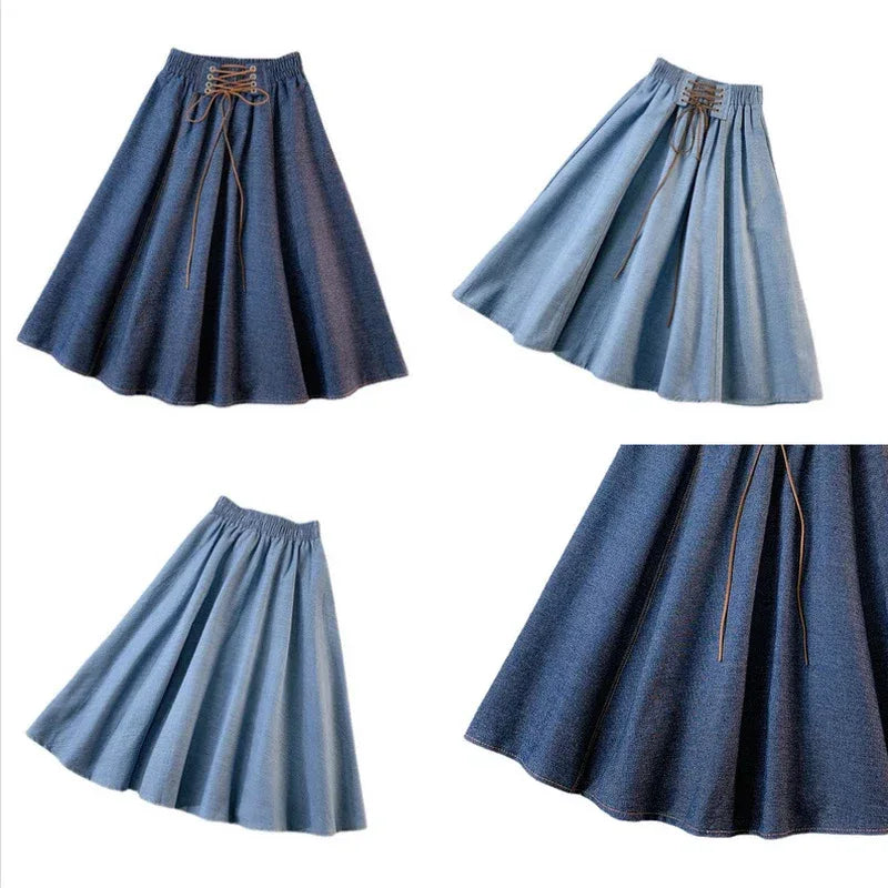 Retro Lace-Up Denim Skirt Women’s Midi A-Line Swing Style