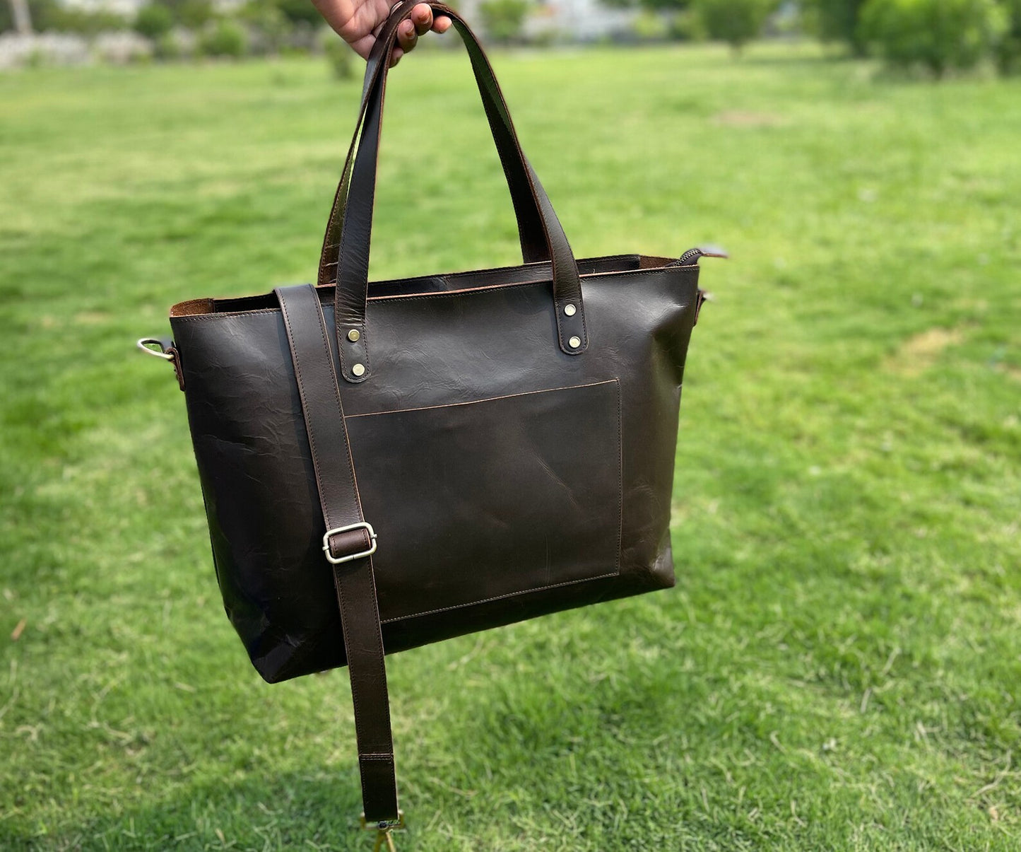 Genuine Leather Boho Tote Bag with Shoulder Strap