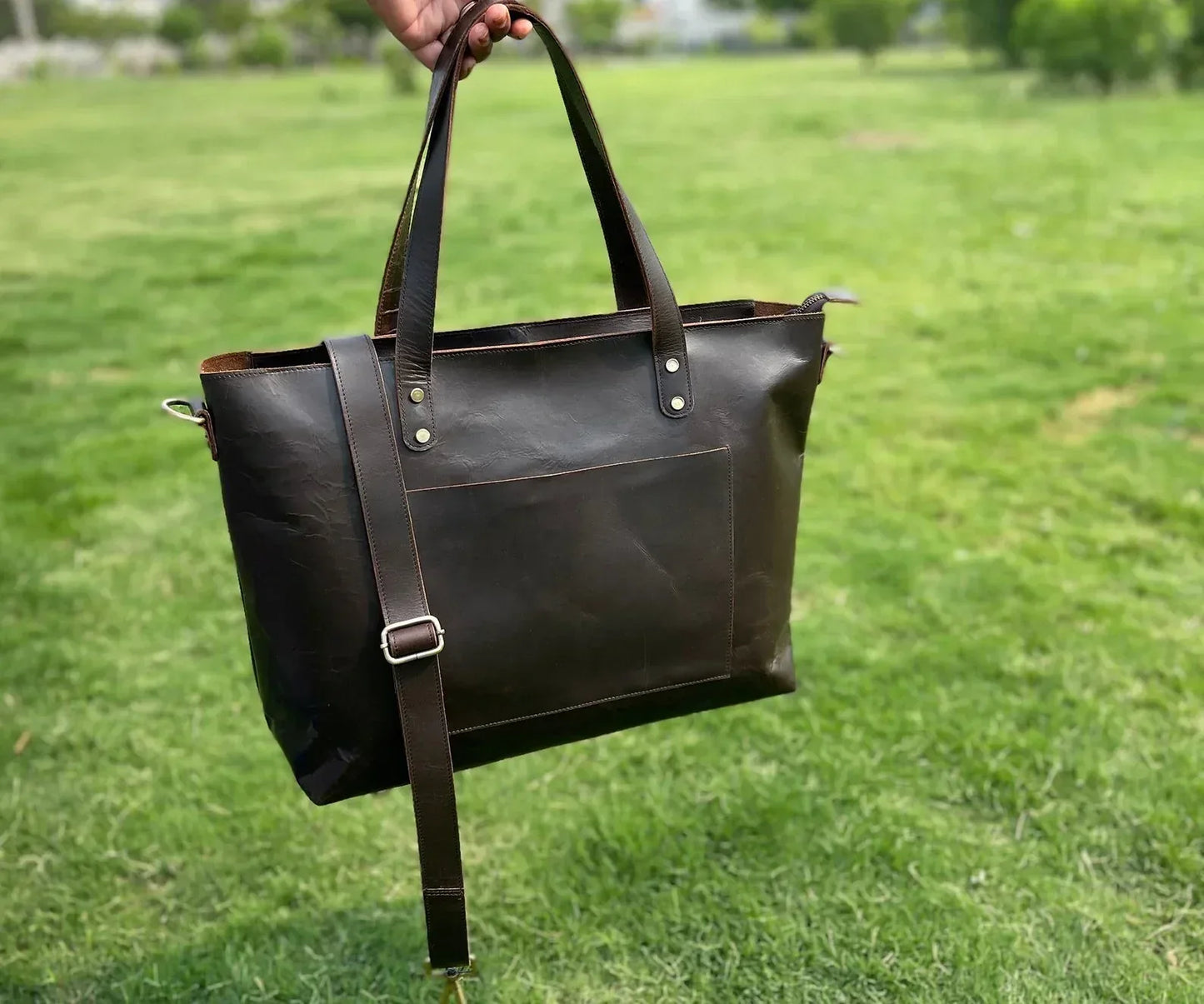 Genuine Leather Boho Tote Bag with Shoulder Strap