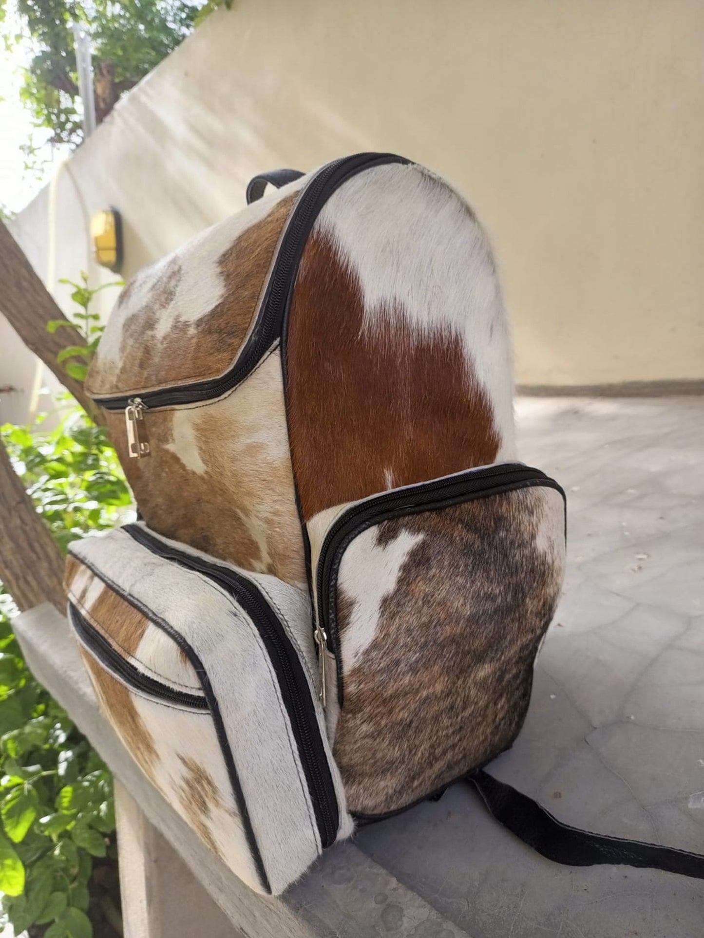 Cowhide Backpack Diaper Bag Brown White