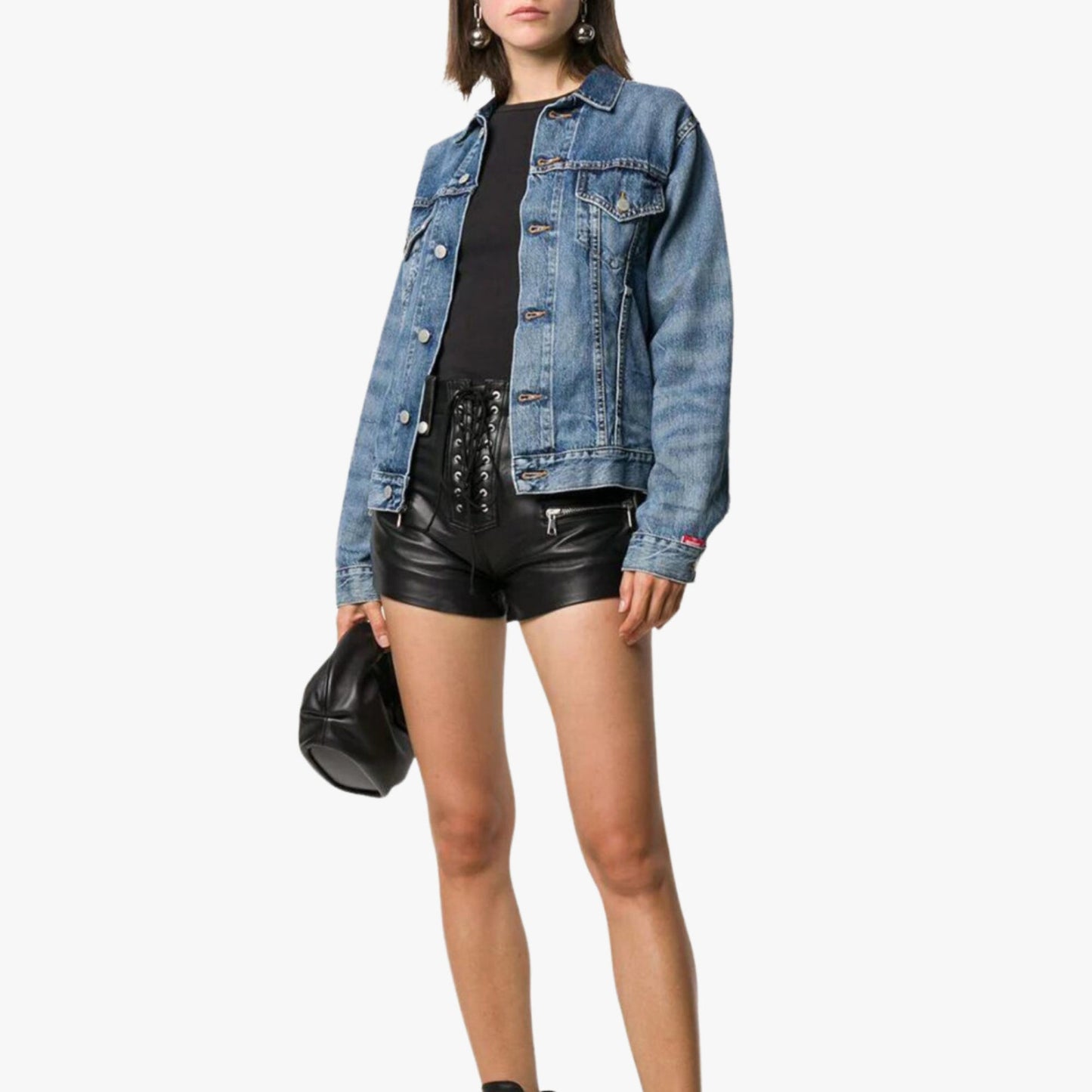 Handmade Lace up zip leather shorts
