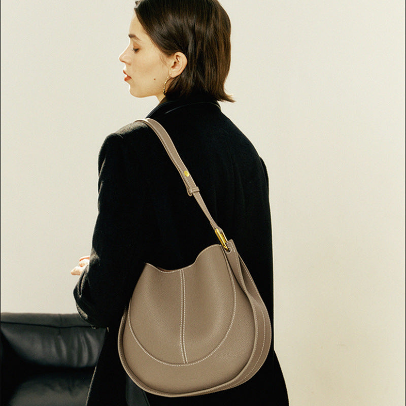 Curved Half Moon Genuine Leather Shoulder Bag