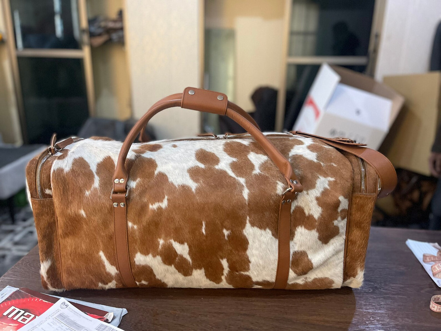 Brown White Cowhide Luggage Bag Western Carry On.