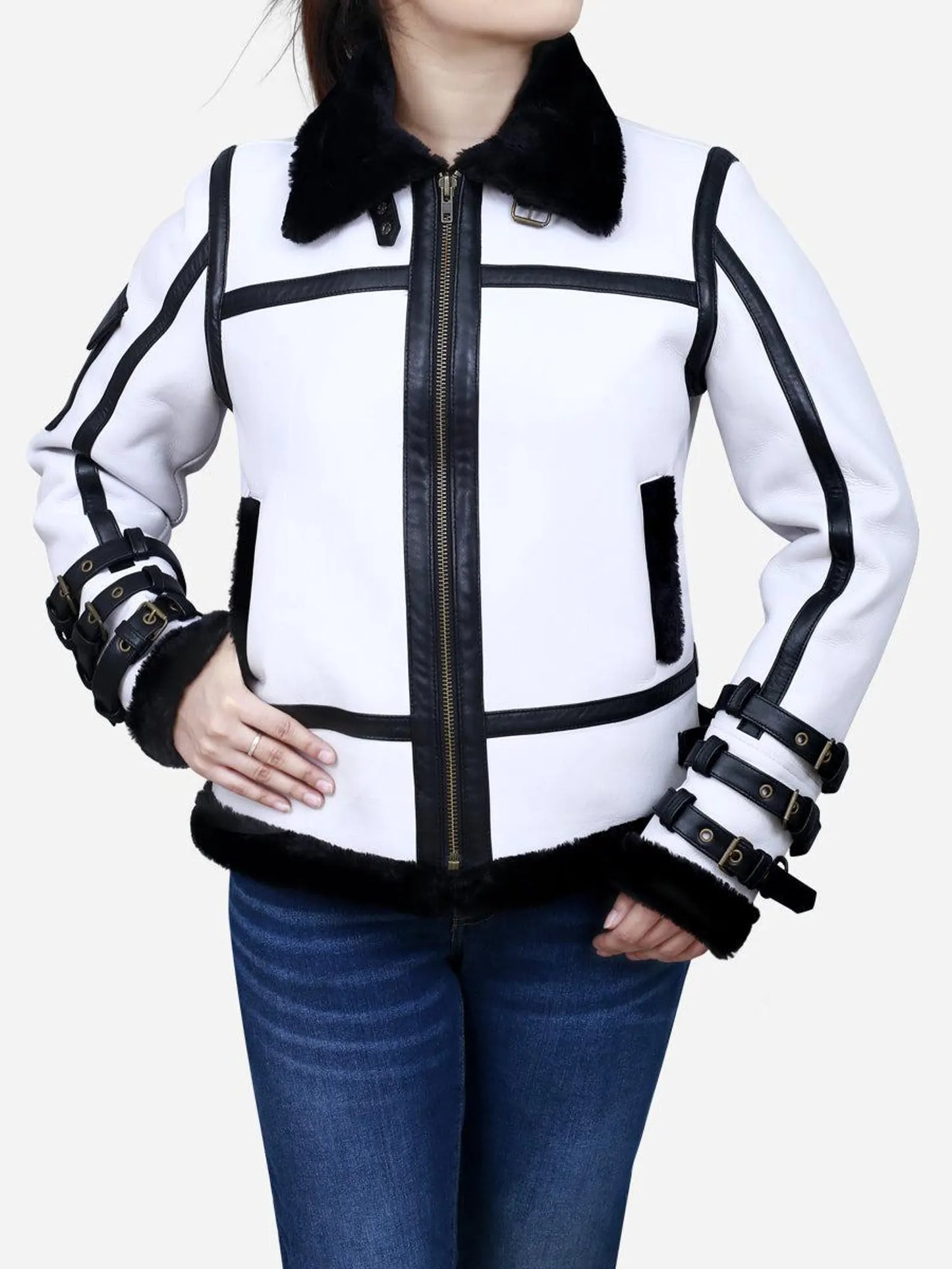 Women Aviator Shearling Leather Jacket Black White