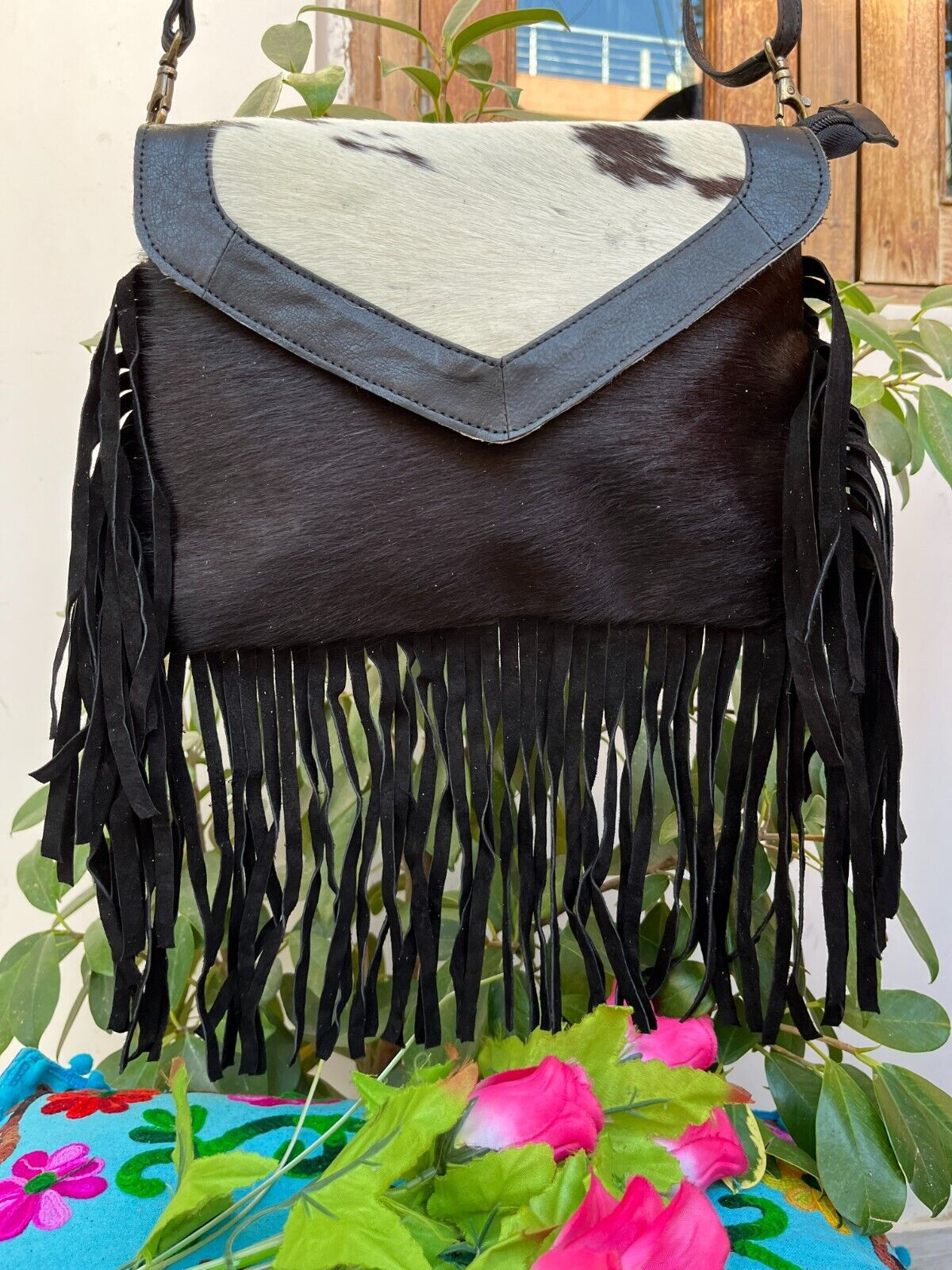 Western Cowhide Crossbody Fringe Purse Black and White