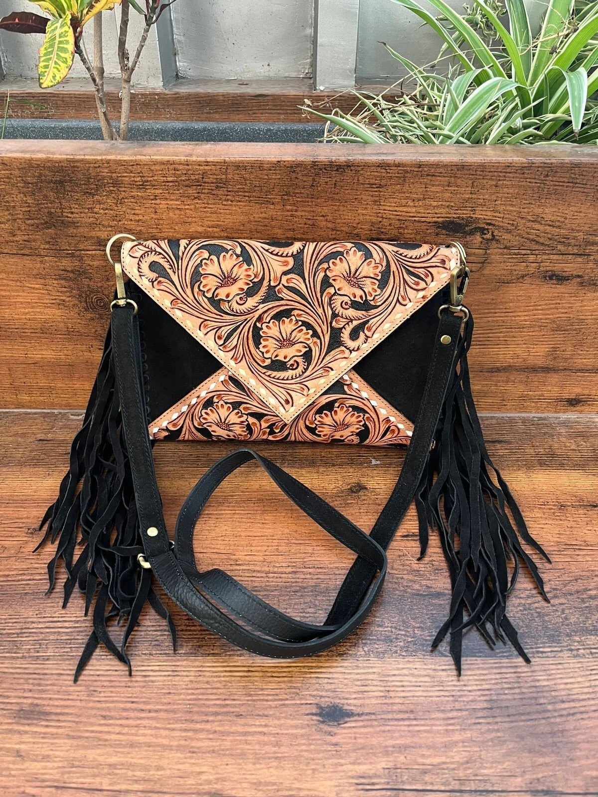 Western Tooled Leather Crossbody Purse with Fringes