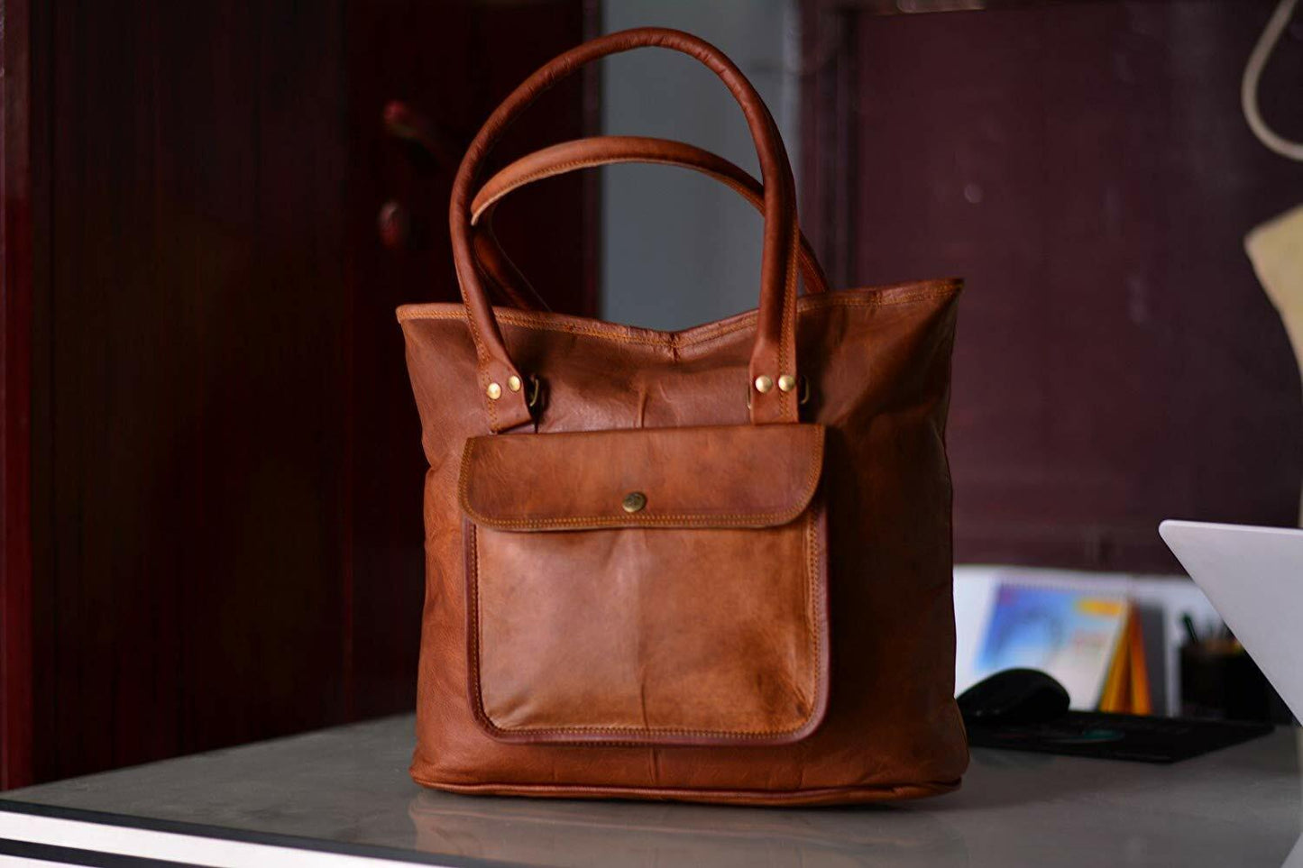 Handmade Leather Tote Bag for Women with Front Pocket