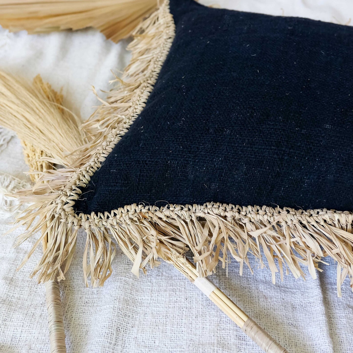 Black organic cotton fringed pillow cover