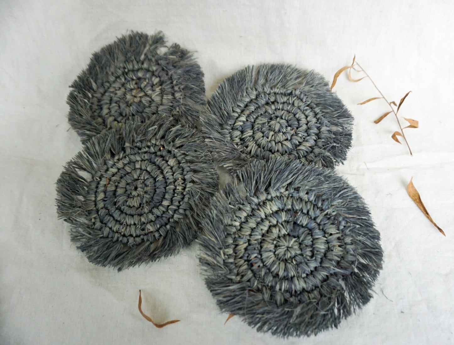 Gray Round Raffia Fringe Coaster Set