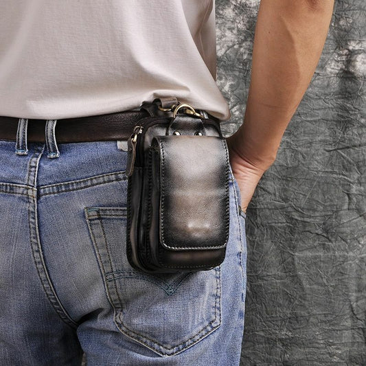 Real cowhide leather men small waist bag