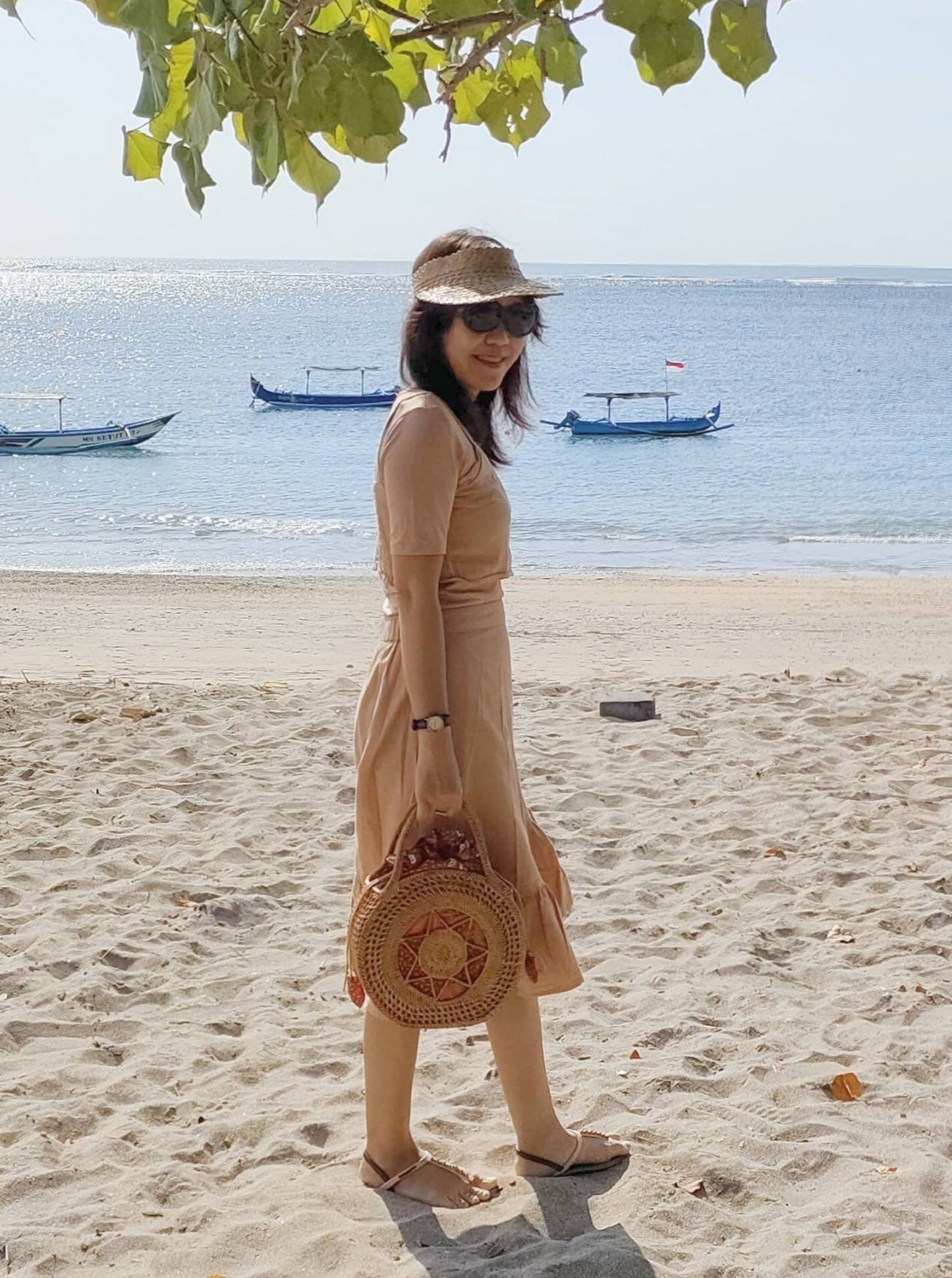 Handwoven Bali Rattan Bag with Batik Lining Round Ata Beach Tote