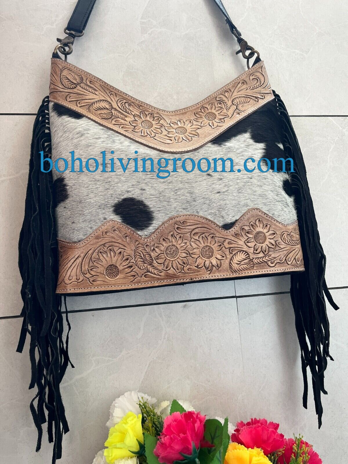 Tooled Cowhide Bag With Fringe