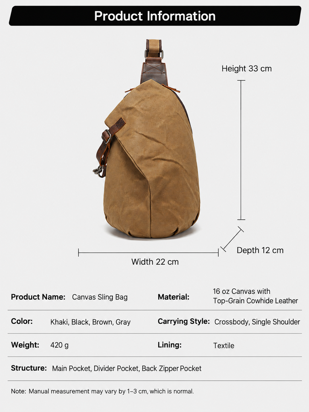 Men’s Oil-Waxed Canvas Sling Bag with Top-Grain Cowhide Leather