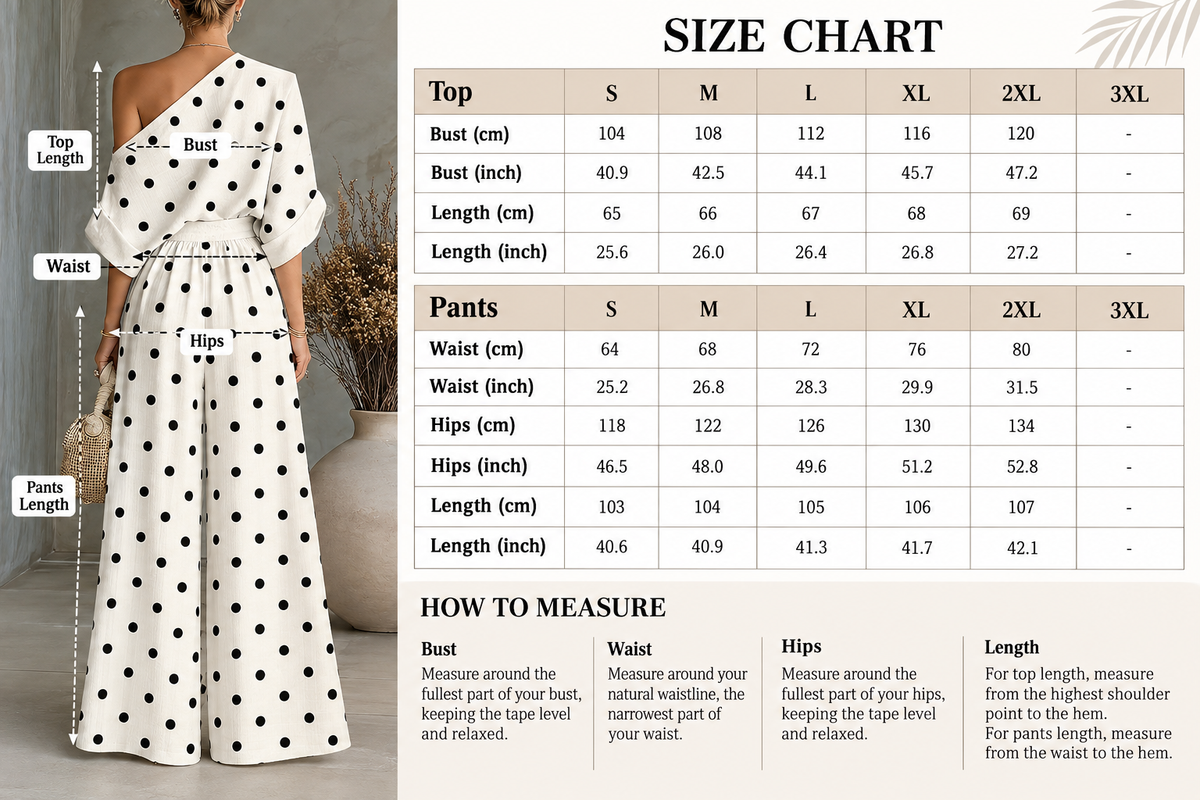 Polka Dot Pants Set with Asymmetrical Top and Wide Leg Trousers