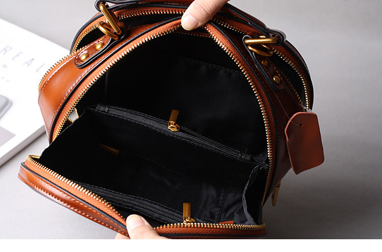 Brown Leather Messenger Bag Round Crossbody Office Purse