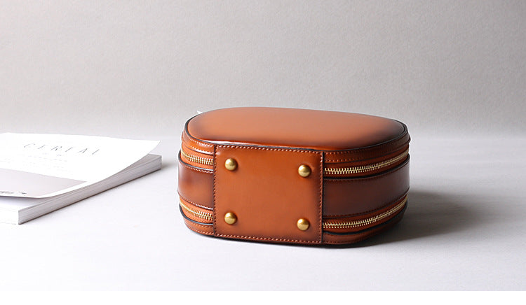 Brown Leather Messenger Bag Round Crossbody Office Purse