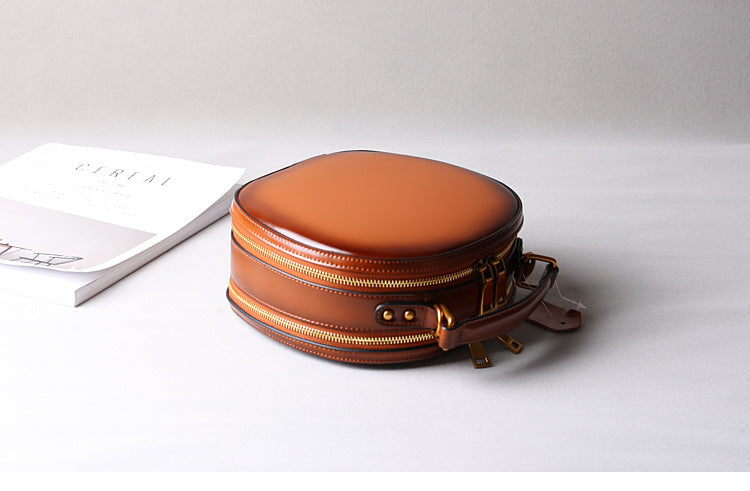 Brown Leather Messenger Bag Round Crossbody Office Purse
