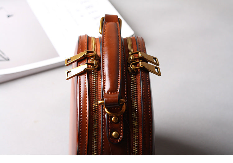 Brown Leather Messenger Bag Round Crossbody Office Purse