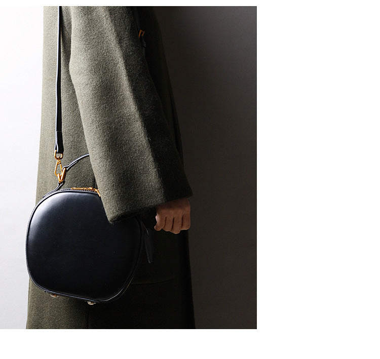 Brown Leather Messenger Bag Round Crossbody Office Purse