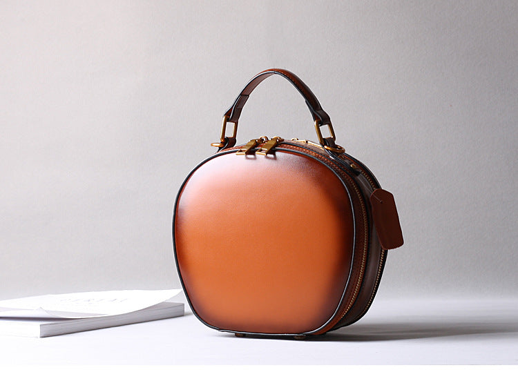 Brown Leather Messenger Bag Round Crossbody Office Purse